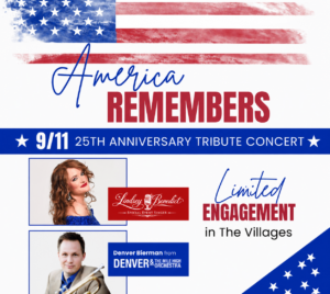 Promotional poster for America Remembers - A Tribute to 9/11. The top of the image is an American flag. Below the flag is the title. 2 square boxes with a picture of a man and woman smiling are below the title.
