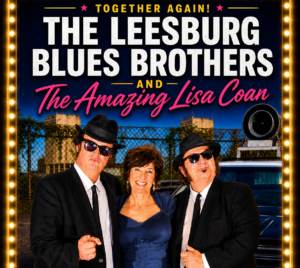 Promotional poster for The Leesburg Blues Brothers & Lisa Coan. Pictured are 3 performers dressed elegantly on a street at night. The image is boarded with yellow show lights. Written on the image at the top is "Together Again!" with two pink stars on either side. Below that it says "The Leesburg Blues Brothers and The Amazing Lisa Coan."