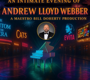 A city street is illuminated by brightly colored billboards. A piano is illuminated blue in the center of the image. Underneath the title at the top it reads "A Maestro Bill Doherty Production," with a small circular image of him below it. Behind the title is bright colored fireworks.