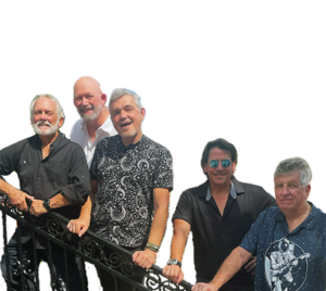 Band Behavior, a band of 5 men, is all smiles as they stand along the black stair railing. Each is wearing a different color or pattern of button-up shirt. The background has been edited to be transparent.