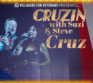 "Villagers for Veterans Presents... Cruzin with Suzi & Steve Cruz" Suzi and Steve pictured to the left. Image has a patriotic theme with stars and a red, white, and blue overlay. Yellow lights create thin banners at the top and bottom.