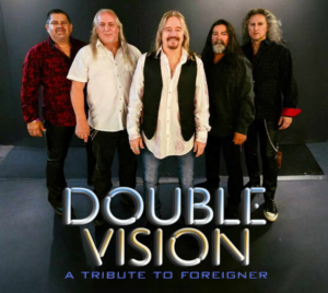 Promotional poster for DOUBLE VISION HTX - Foreigner Tribute. 5 band members are pictured standing in front of a gray background. The title is written below them.