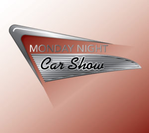 "Monday Night Car Show" with silver chrome and red fade background.