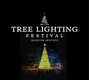 "Tree Lighting Festival - Spanish Springs" Vignette around a photo of a lit Christmas tree surrounded by people in Spanish Springs.