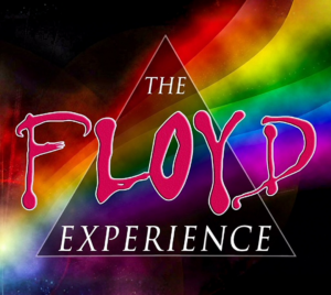 "The Floyd Experience" logo over top a triangle with a rainbow overlay on a black background.