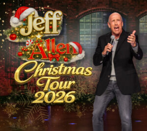 A promotional image with large gold and red text reading “Jeff Allen Christmas Tour 2026,” decorated with festive elements such as a Santa hat, ornaments, a candy cane, and snowflake patterns. On the right side, a performer stands holding a microphone, wearing a dark jacket and jeans. The background includes a stage-like setting with brick walls and window details, enhanced by warm lighting and holiday-themed overlays.