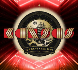 Artwork for the band Kansas, featuring their name in bold red and gold geometric lettering over an illustration of a sailing ship and full moon. Text reads “Kansas is a band – Est. 1974.” The background glows with red and gold lighting.