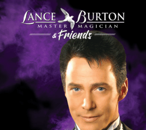 Promotional image for Lance Burton Master Magician & Friends. A portrait of Lance Burton in a tuxedo against a dramatic purple smoke background, with the show title in white text above.