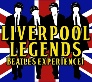Four black‑and‑white silhouetted figures in matching suits walk forward across a bold Union Jack flag background. Large yellow text in the center reads “Liverpool Legends,” with smaller text below reading “Beatles Experience!” The overall design is high‑contrast and graphic, evoking classic British rock imagery.