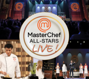 MasterChef All-Stars LIVE! logo surrounded by scenes from the live cooking competition, including chefs onstage and in the kitchen.