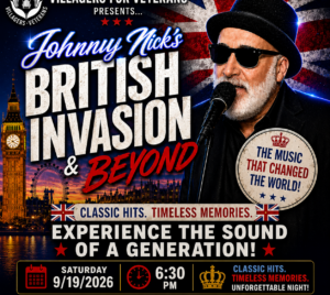 Promotional poster for Johnny Nick’s British Invasion and Beyond. A performer wearing a hat and sun glasses is singing into a microphone. Behind him is the Union Jack and an England skyline. The title and performance details are written on the image.