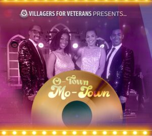 "Villagers for Veterans Presents... O-Town Mo-town" 4 performers in sequin outfits with a purple overlay. The title is placed on a golden record. Yellow lights create thin banners at the top and bottom.