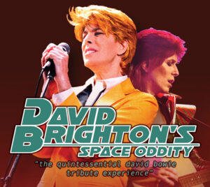 A promotional image with large stylized text reading “David Brighton’s Space Oddity,” followed by smaller text: “the quintessential david bowie tribute experience.” Two overlapping performance images are shown: one figure holding a microphone and another figure playing a guitar. The background features warm red and orange tones.
