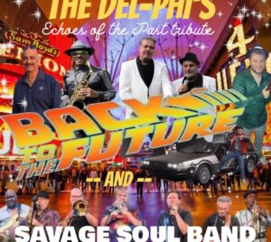 Promotional poster for THE DEL-PHI'S Echoes of the Past Tribute. Pictures of band members are overlaying an image of a crowded area with orange and pink lights.