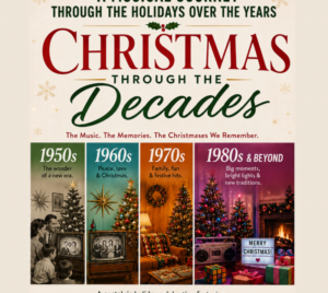 Promotional poster for Christmas Through The Decades. The top of the image reads "A Musical Journey Through The Holidays Over The Years," followed by the title underneath. Below the title reads "The Music. The Memories. The Christmases We Remember. The image contains 4 photos of Christmas settings throughout the years 1950-1980. Below those images it reads "A nostalgic holiday celebration featuring the greatest Christmas songs from every decade.