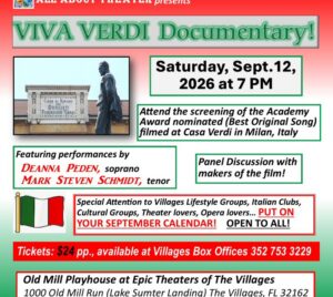 Promotional poster for The Music Lives On: A Screening of Viva Verdi! A statue is pictured in front of monument. Information about the performance is written on the image.