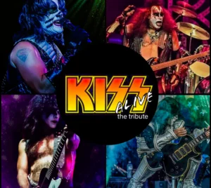 The design is divided into four quadrants, each showing a live stage performance with dramatic colored lighting. In the top left, a performer sings into a microphone wearing black‑and‑white face paint and studded stage attire. In the top right, a performer in similar theatrical stage makeup plays a bass guitar in front of a drum kit. In the bottom left, a shirtless performer with long, black hair plays an electric guitar while wearing white stage makeup with a black lips and a star over the eye. In the bottom right, another guitarist performs in metallic stage costume under blue lighting. At the center is a black circle with yellow and red text reading “KISS Alive,” with smaller text below that reads “the tribute.”