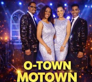 Four group memebers pictured n front of a sparkling background with the title "O-Town Motown" written at the bottom.